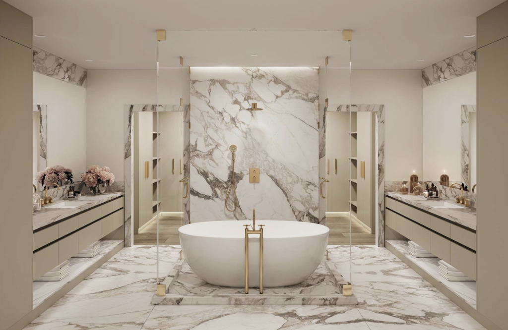 An elegant bath in the penthouse at The Chaucer, 2360 Rice Boulevard.